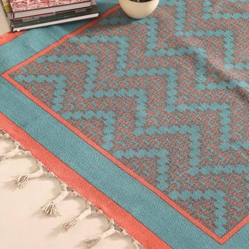 Image of Peepul Tree Handmade Pure Cotton Rug for Living Room | Multipurpose Carpet for Hall, Bed Room and Corridor | Floor Rugs | Sustainable Dhurrie Rugs | 3x5ft | Teal and Coral | Chintz Collection
