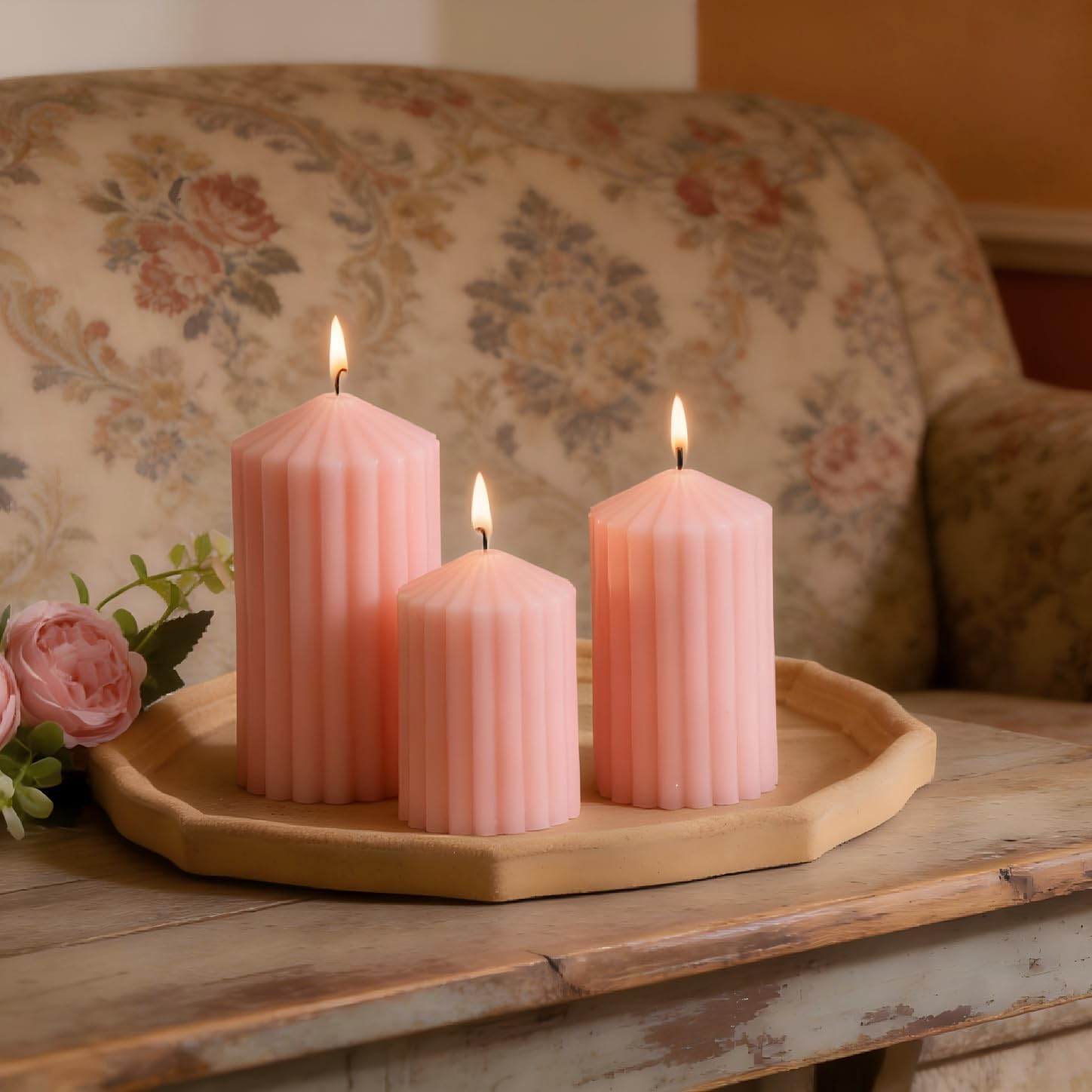 3 Pack Pink Ribbed Pillar Candles - Soy Wax Unscented Candles, 2.76x4.2/4.9/5.9 Inch Smokeless Non Toxic Cotton Wick, Perfect Spring Pillar Candles for Home Decor, Bathroom, Spa & Wedding