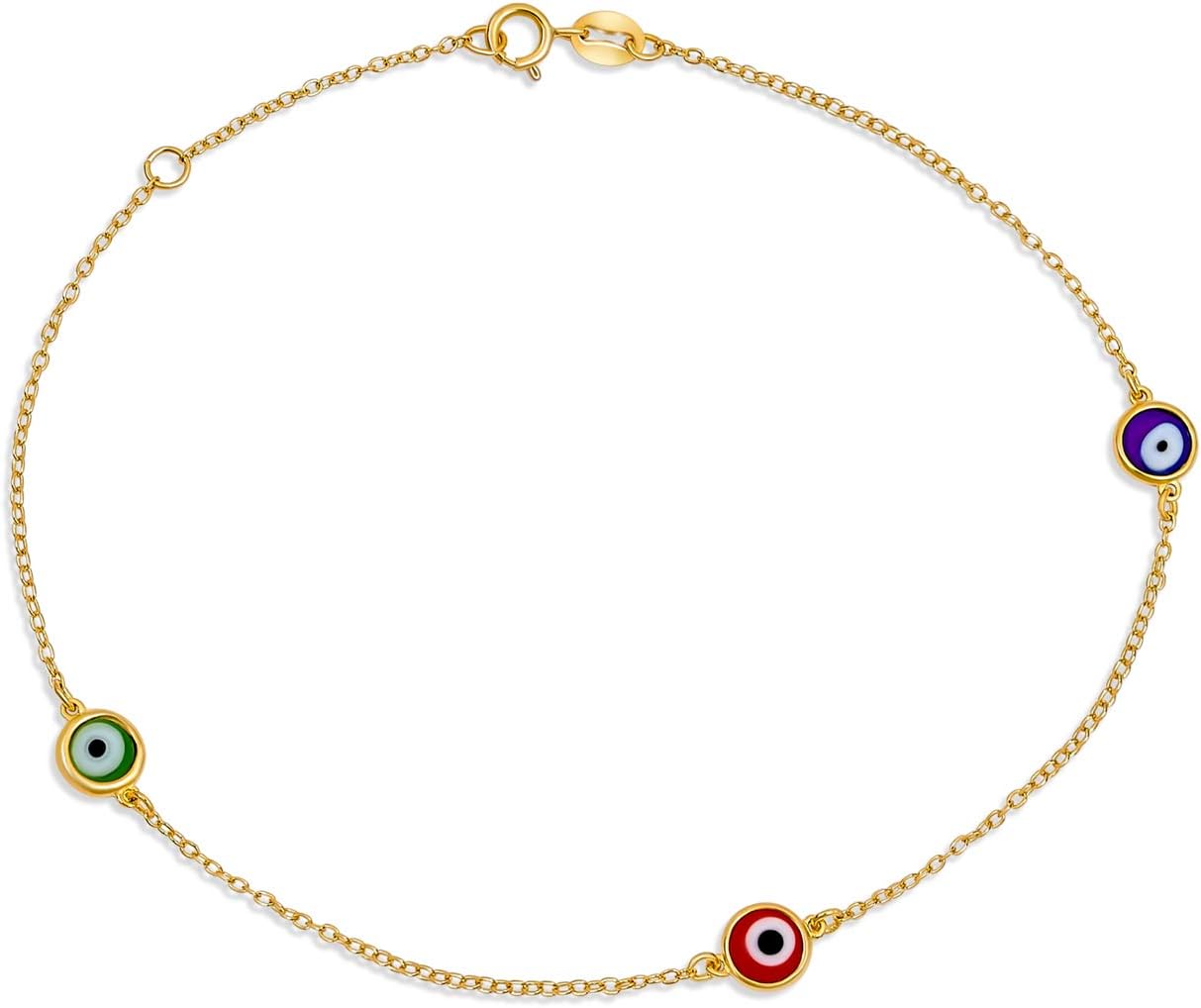 Bling Jewelry Protection Amulet Minimalist Delicate Double Row Aqua Blue Multi Color Evil Eye Anklet Ankle Bracelet For Women Teen .925 Sterling Silver 8.5-9.5 Inch Adjustable