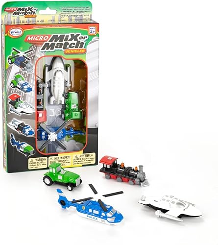 Popular Playthings Micro Mix or Match Vehículos Deluxe Juego de 4 trenes de juguete, nave espacial de juguete, tractor de juguete y helicóptero de