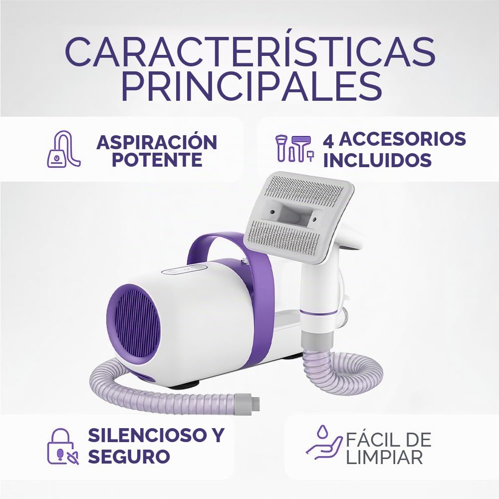 Aspirador para perros con cepillo – Dispositivo de aseo y eliminación de pelo 2 en 1, silencioso y potente – Aspirador de pelo de mascotas para casa, sofá y coche con accesorios incluidos