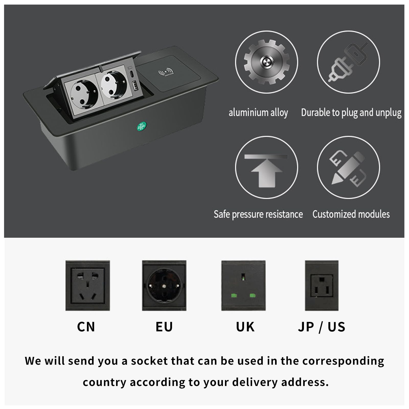 Wpuszczana Listwa Zasilająca, Ukryte Multimedialne Gniazdo Zasilania, Wysuwany Koncentrator Zasilający, 2 Gniazdka Sieciowe + Port USB A/C + Podkładka Do ładowania Bezprzewodowego,Silver