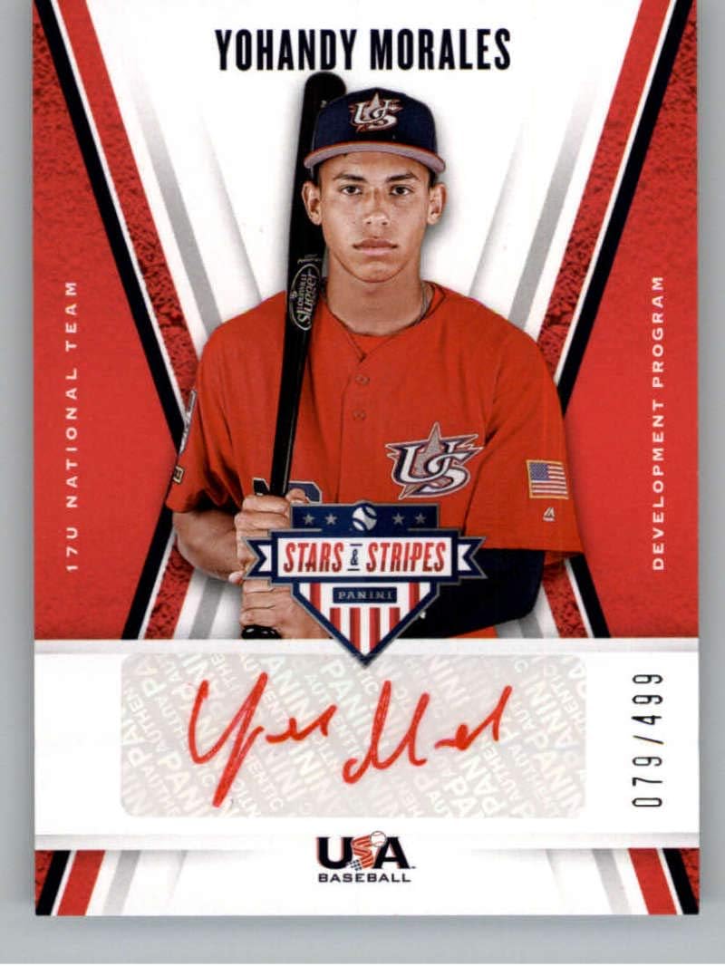 2019 Panini Stars and Stripes 17U National Team Signatures Red Ink #25 Yohandy Morales Auto Autograph SER/10 US Official USA Baseball Trading Card in Raw (NM or Better) Condition