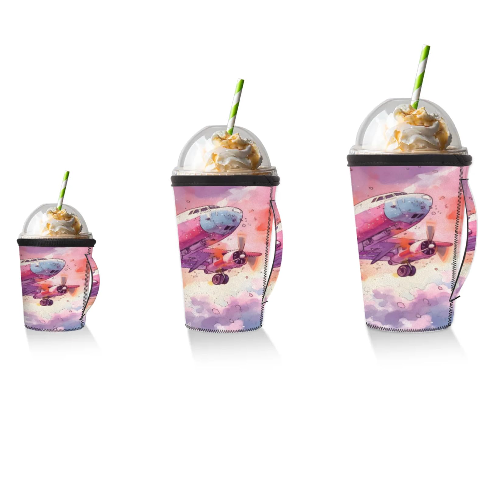 Airplane Watercolor Reusable Neoprene Coffee Sleeve with Handle Insulated Iced Coffee Cup Holder Reduces Condensation Fits 24-28 oz Cups M