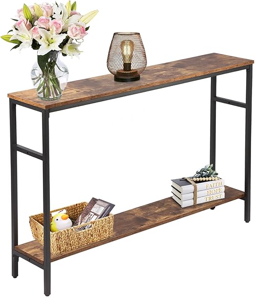 Timberer Narrow Console Table, 47 Inch Sofa Table with Adjustable Shelf, 2Tier Long