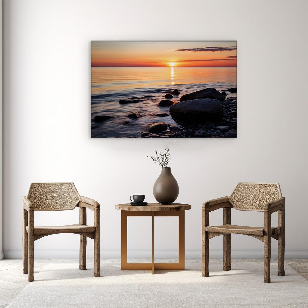 Canvas for Living room. Sunset Serenity - Capturing Nature's Peaceful Palette Through Long Exposure Photography, 27 x 18 inch Canvas Wall Art - Beach Sunsets And Sunrises - Modern Home Decor
