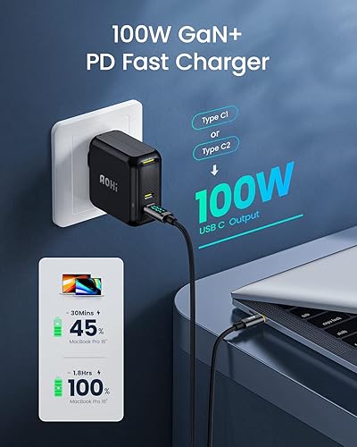 Vista 2 de AOHI 100W USB C Charger GaN+, 2 Port Type C PD Wall Charger Foldable Power Adapter with 4ft USB C LED Display Cable for MacBook Pro/Air, iPad Pro