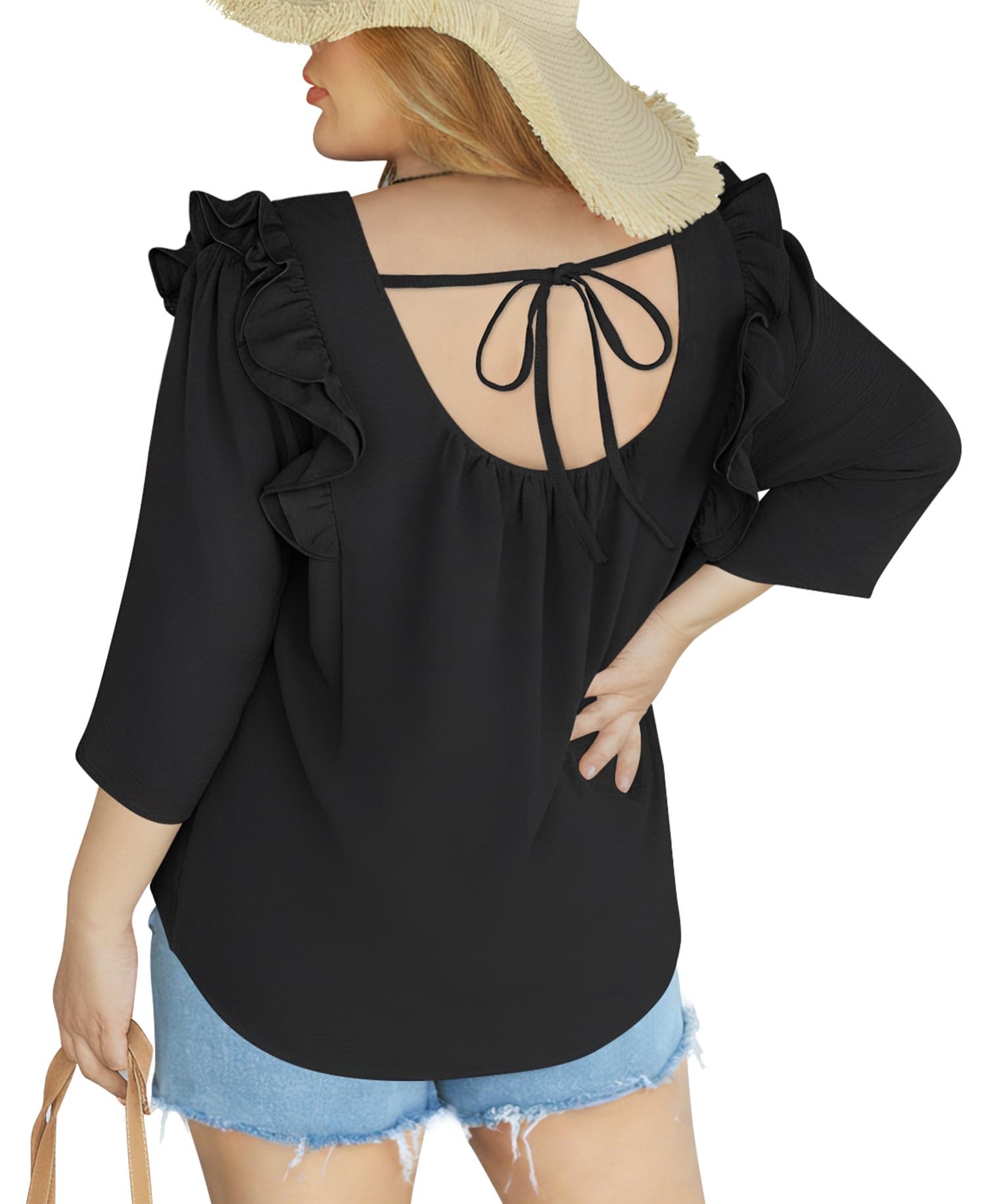Womens Plus Size Tops Ruffle 3/4 Sleeve Square Neck Chiffon Blouses Dressy Casual Cute Backless Shirts Spring 2026
