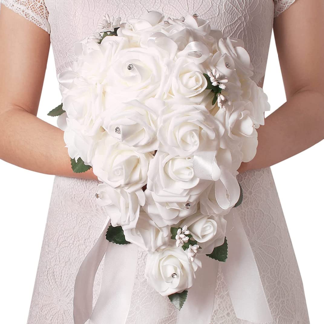 Künstlicher Blumenstrauß, Hochzeitsstrauß für die Braut 12 Zoll, weiße Brauthalterblumen, künstlich für die Hochzeit.