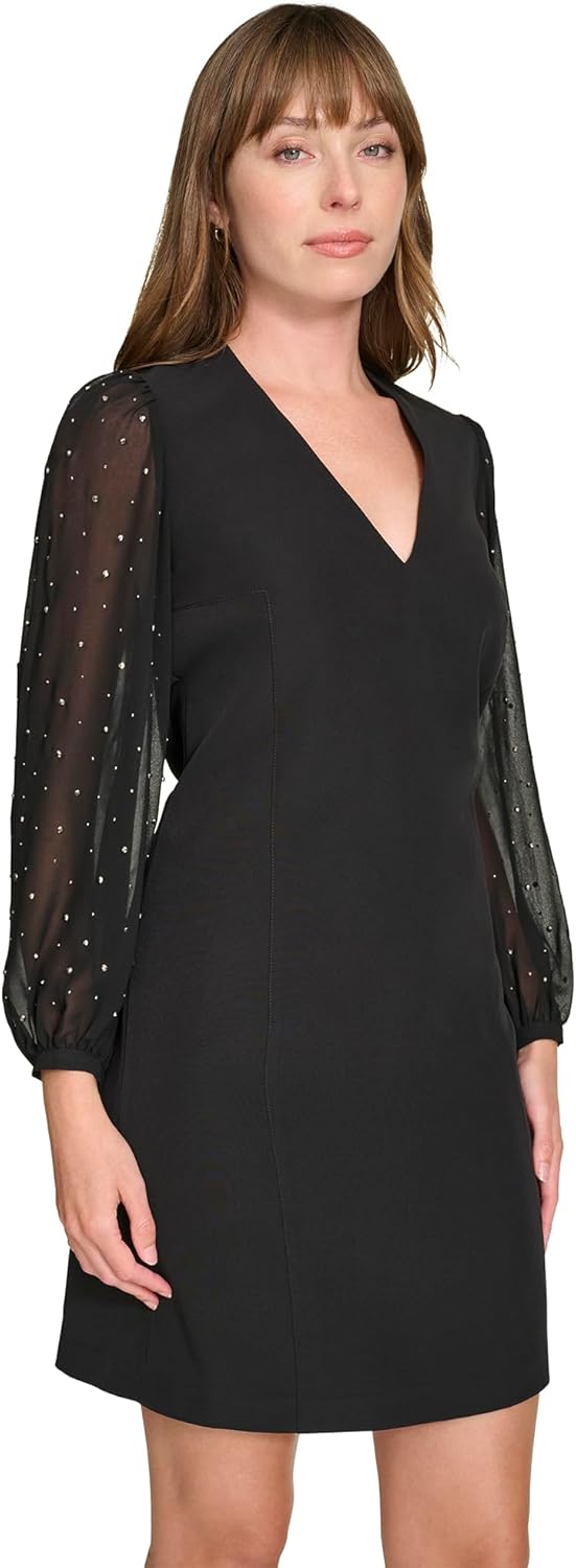 Tommy Hilfiger Womens Bedazzled Chiffon Sleeves Salon Stretch Knee Length Shift Dress - Image 3