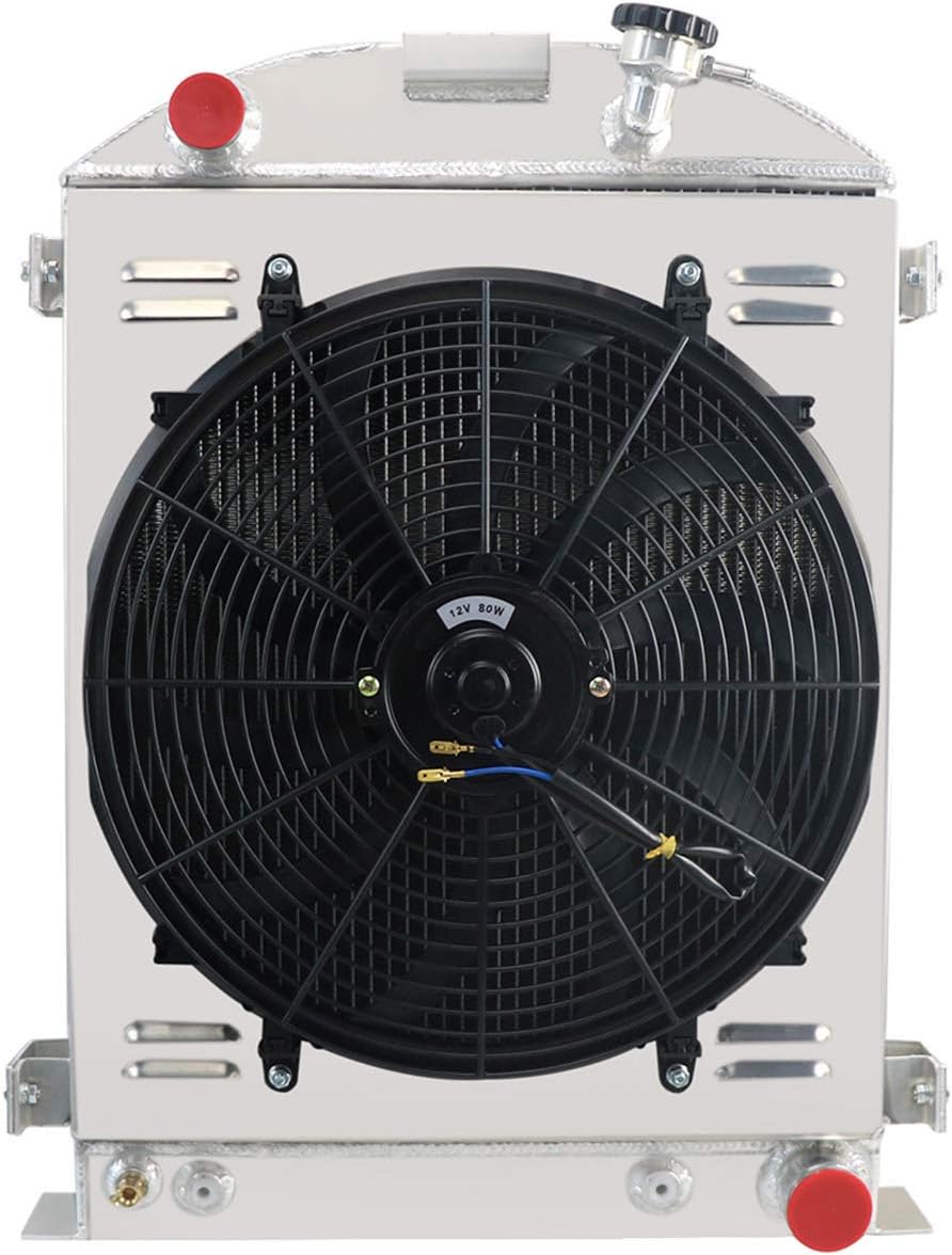 ALLOYWORKS 4 Row All Aluminum Radiator Shroud Fan For 1930-1938 Ford Model A Grill Shells Chevy Engine V8