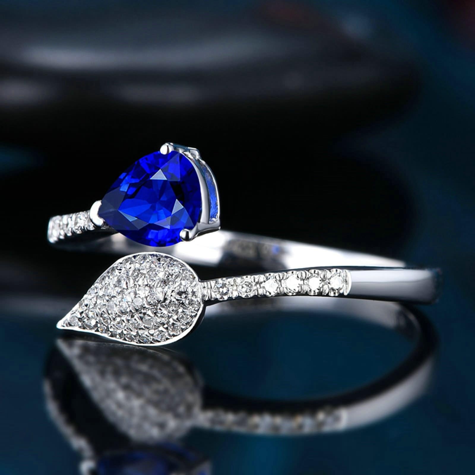 Eheringe Lesben, Ring Damen Ausfallend Verstellbar 18 Karat Weißgold Lab Saphir 0.52CT Blau Tropfenschliff VVS mit Diamant Natur Weiß Npassbar