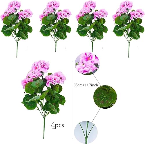 Miniatura 10 de FERIAL 4 flores artificiales de seda de geranio rojo para exteriores, arbusto, flores sintéticas, geranios para decoración floral del hogar,