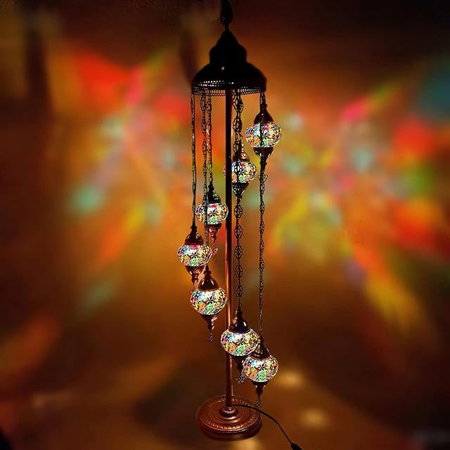 World Home Living Turkish Moroccan Tiffany Style Glass Mosaic 7 Ball Floor Lamp Light Handmade CE Certified Electric Safety Tested Multi Coloured (Multi - D)