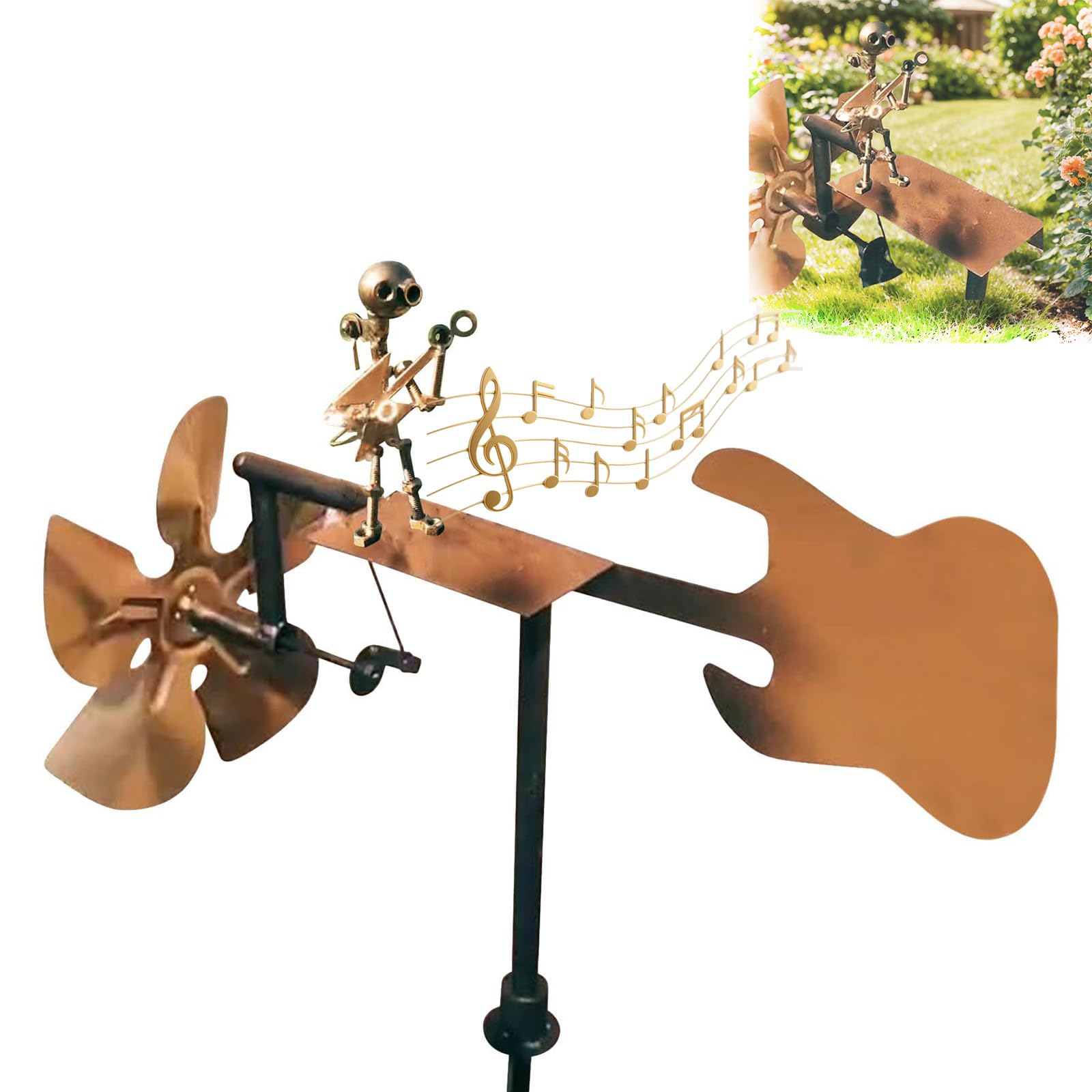 Garden Handmade Metal Rock Band Drummer Guitar Windmill, Kinetic Art Metal Sculpture Wind Spinners, Percussionist Music Rockin Art Figurine, Windmills