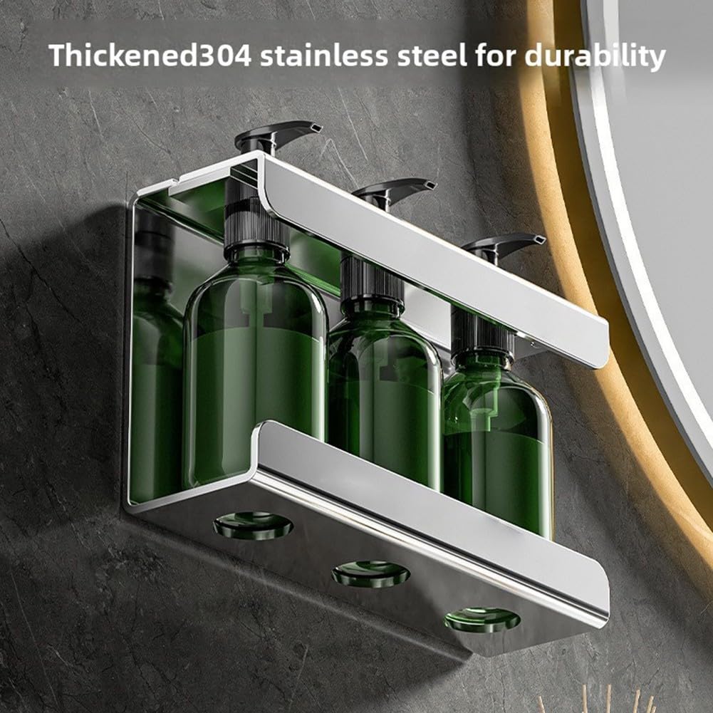 Dispensador de jabón montado en la pared, soporte de acero inoxidable para baño, estante de almacenamiento para ducha, gel, champú, jabón líquido, acabado plateado, diseño de ahorro de