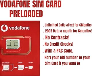 Vodafone Sim Card Preloaded with 20GB Data Unlimited Calls and Texts for 6 Months. No Contracts, No Commitments, No Credit Checks, No Tie-ins, No Personal ID