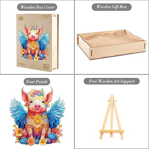 Miniatura 5 de BLUMUZE Rompecabezas de madera, rompecabezas de cerdo de ángel, 9.8 x 9.6 pulgadas, 100 piezas, rompecabezas de forma única de animales, regalo para