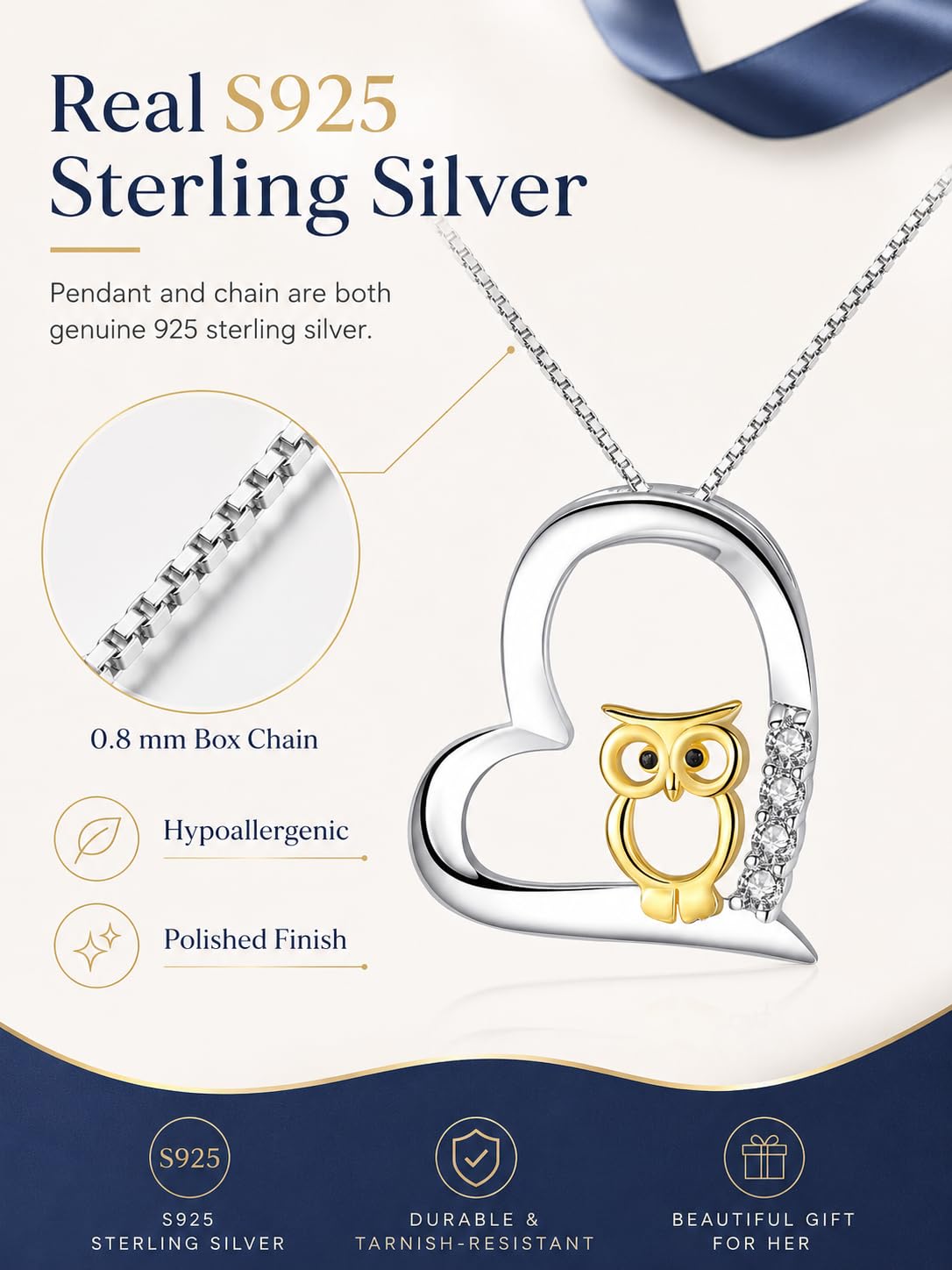 REDSUN 925 Sterling Silber Herz Eule Kette Damen 18K Vergoldet Two Tone Eulen Gold/Roségold/Schwarz Anhänger Schmuck Set für Freundin Frau Mutter Mädchen Tochter Geburtstag