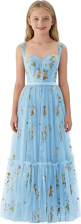 Floral Embroidery Junior Bridesmaid Dress Tulle Flower Girl Dress | Spaghetti Strap Ruffle Full-Length Wedding Guest Dress,A-Line Long Birthday Party Gown,for Baptism Princess Pageant Prom
