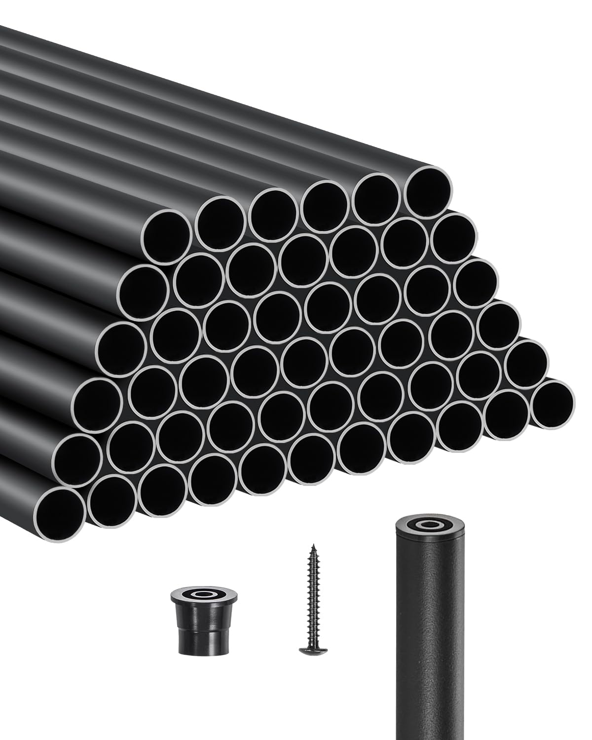 VEVOR Aluminum Deck Balusters 51 Pack 32" 3/4" Matte Black - Waterproof Round Hollow Spindles with Rail Caps & Screws, for Stairs Porch Patio Railing