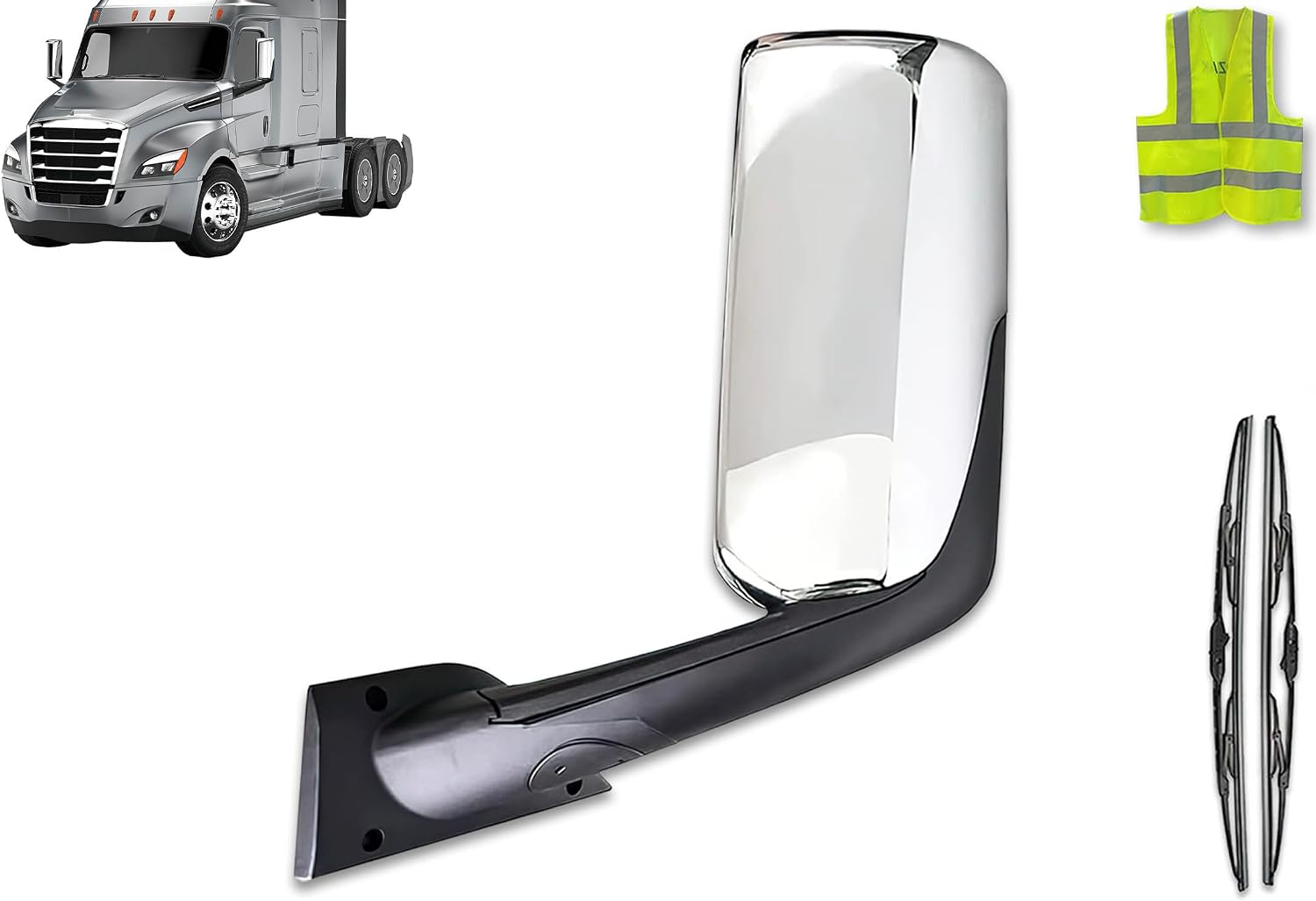 KOZAK Heated Door Mirror Chrome Left Driver Side compatible with Cascadia 2018 and newer Semi Trucks PLUS Logo, 2x 22" Windshield Wipers and Kozak Vest