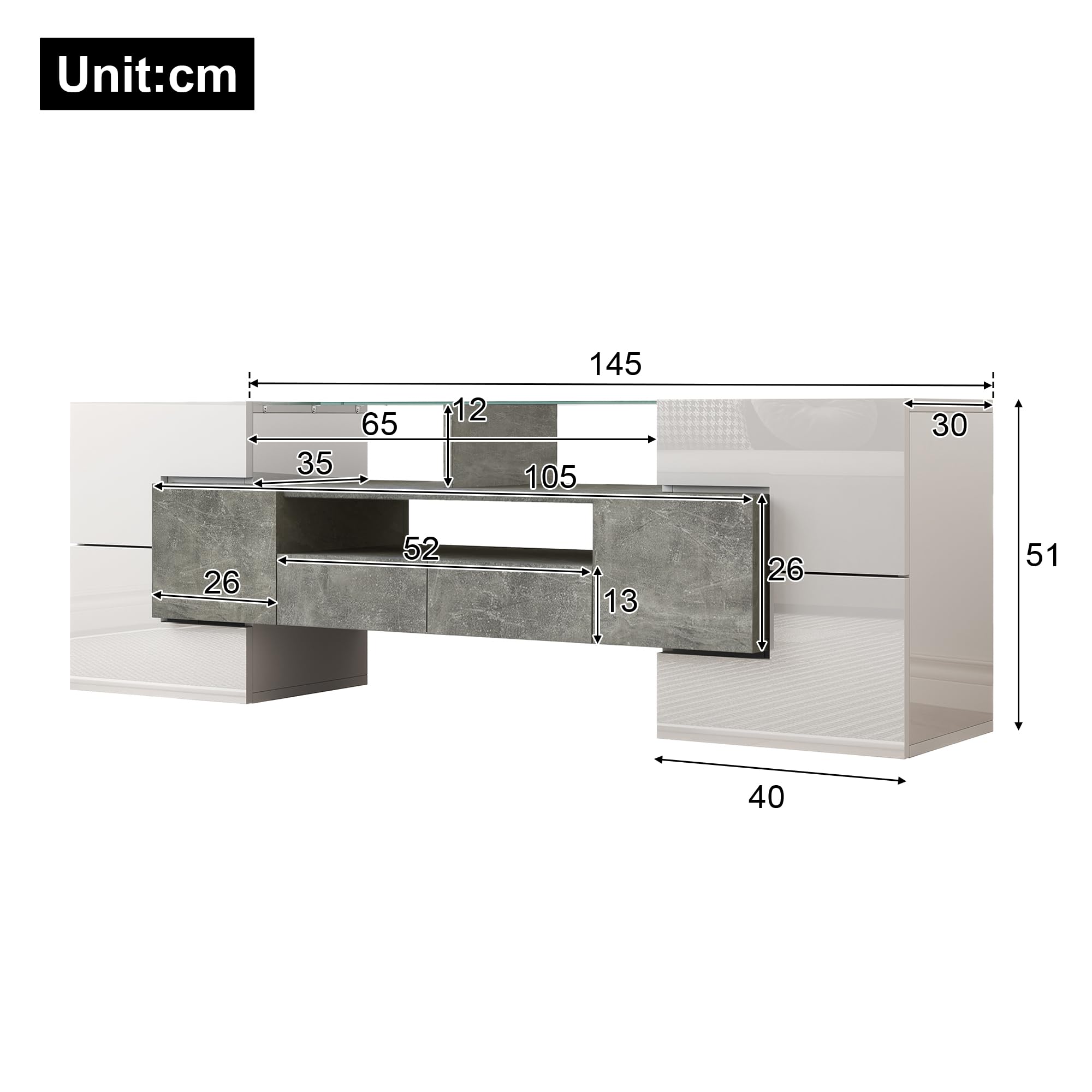 Wiuzo Elegante armario para TV, bajo, blanco brillante, 145 cm, con iluminación LED, mueble para el salón. Diseño moderno. Elegante superficie de vidrio (Gris+Blanco)