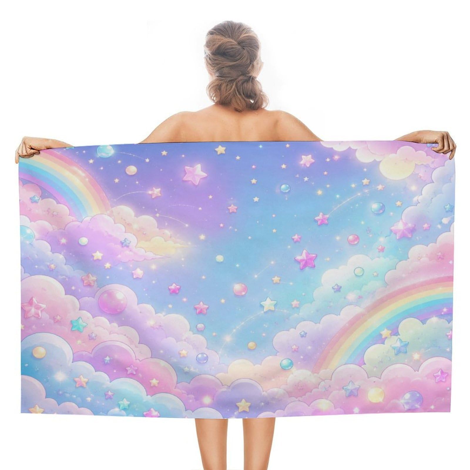 Anceky Pastel Sky Rainbow Clouds Stars Oversized Beach Towel Quick Dry Sand Free Microfiber Travel Towel Lightweight Multi Purpose Beach Blanket Pool Gym Bath Towel 51x31 in