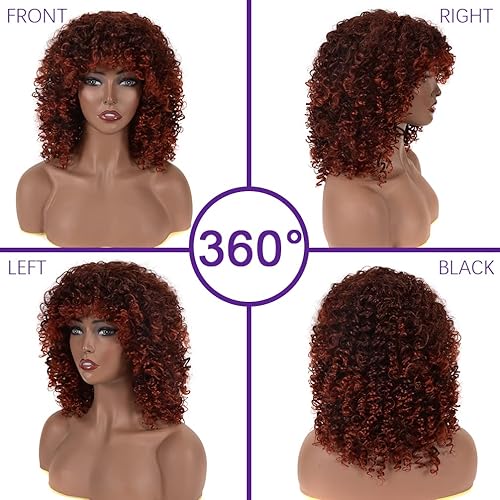 Miniatura 7 de Pelucas rizadas para mujeres negras, peluca afro rizada con flequillo, pelo sintético mezclado con marrón, pelucas afro rizadas con 1 peine de