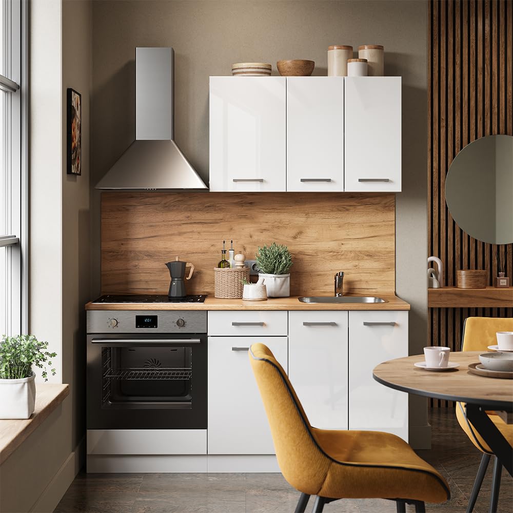 Vicco Cucina completa R-Line, Bianco lucido/bianco, 160 cm con colonna forno senza piano di lavoro, predisposto per l'integrazione di elettrodomestici e lavello