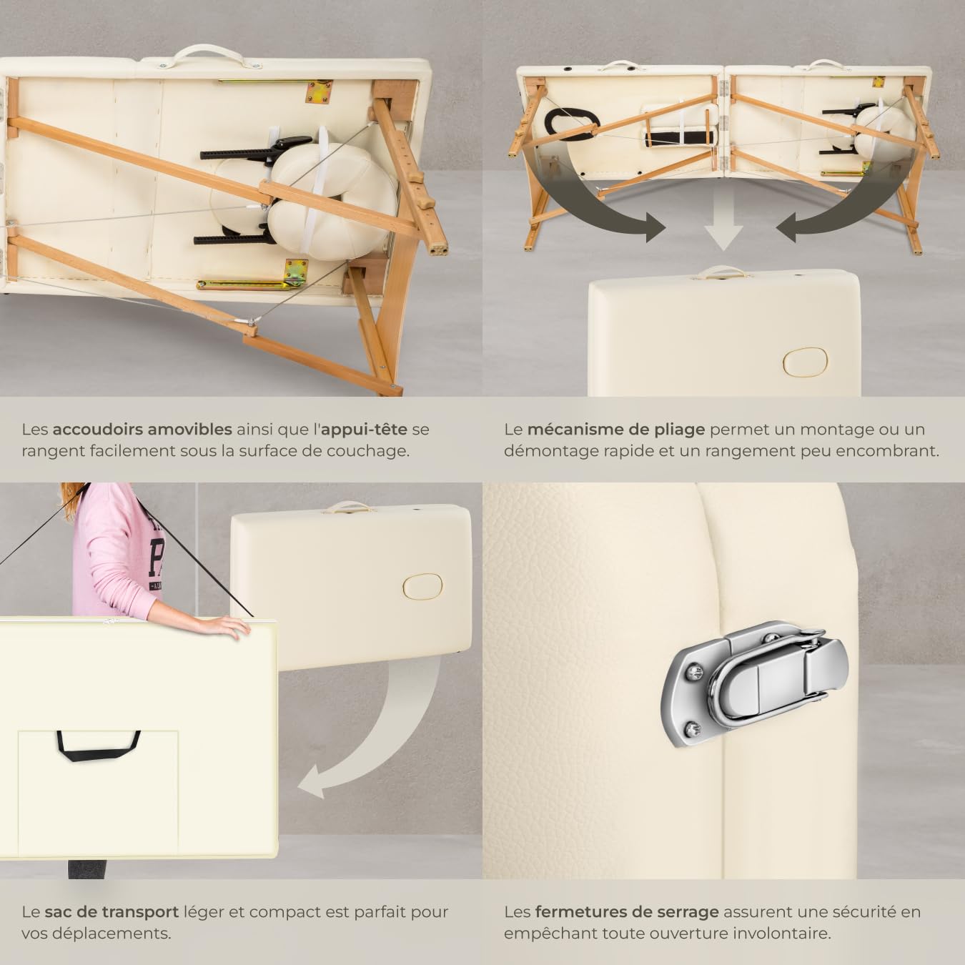 tectake® Table de Massage Pliante Professionnelle 3 Zones Massage et Relaxation Bois Table Esthetique Professionnel Cosmetique Lit de Massage Portable Repose Bras & Housse de Transport - Beige