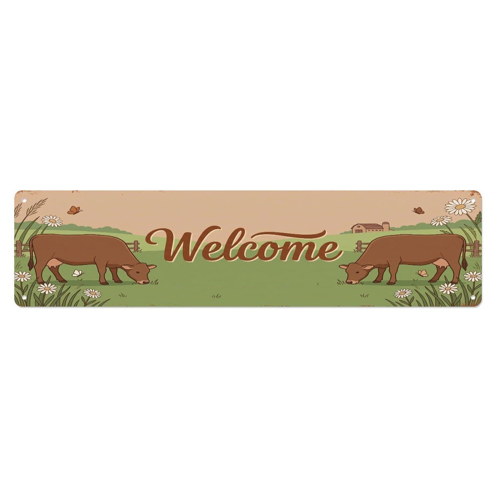 Cxhjca 4X16inch(10X40cm) Vintage Welcome Brown Swiss Cow Metal Tin Sign