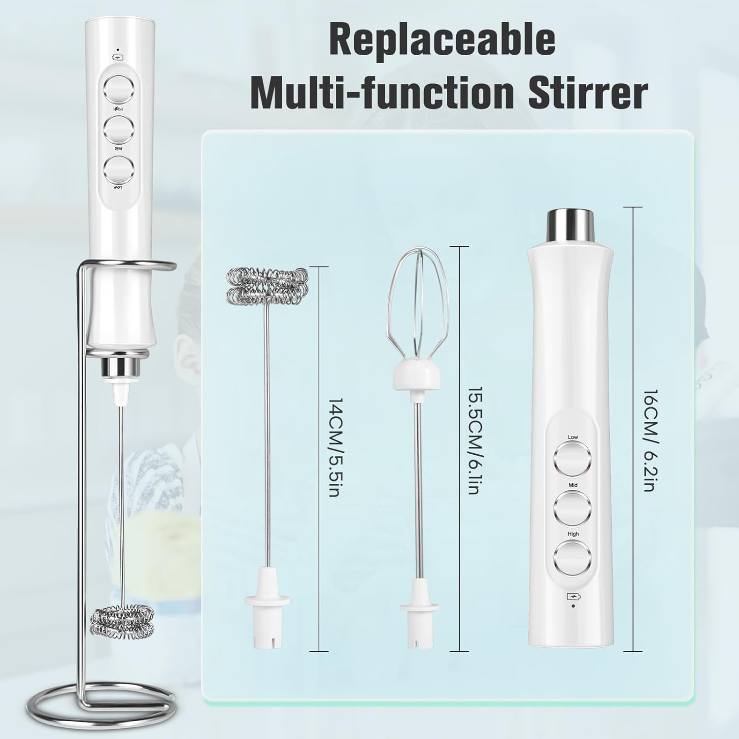 NOUGAT MF02 Milk Frother with two whisk attachments and a metal stand