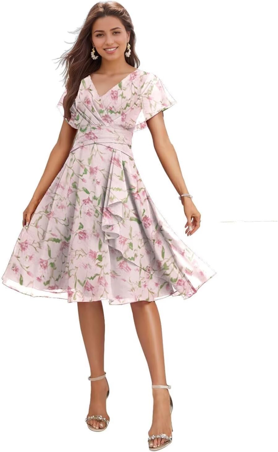 Knee Length Bridesmaid Dresses for Wedding Beach Chiffon V-Neck Formal Dresses for Women 2025 with Short Sleeve