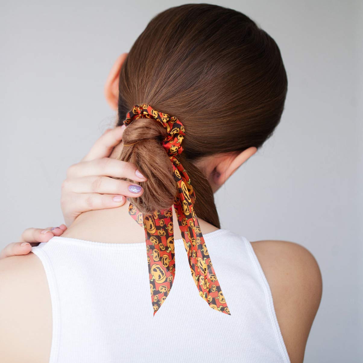 2PCS Hair Ribbon Scrunchies, Halloween Pumpkin Hair for Women Girls Elastic Satin Ties with Pumpkin Pattern for Festive Hairstyles - Image 3