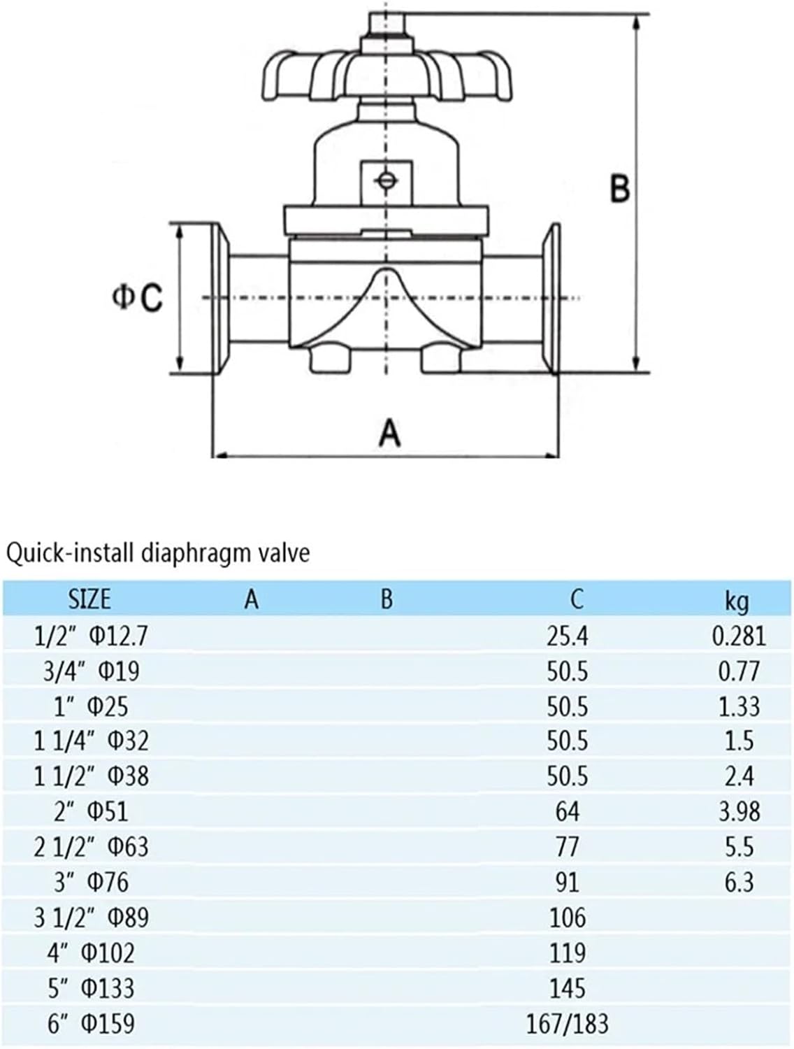 Stainless Steel 316L Tri-Clamp OD 50.5mm Quick Install Diaphragm Valve(12.7mm)