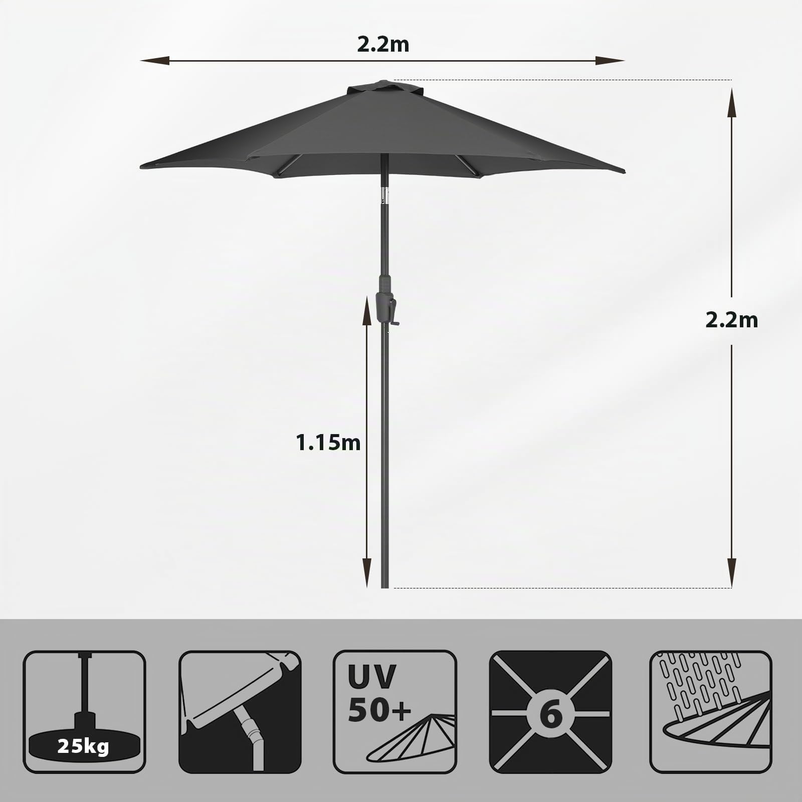 Sekey Parasol 220 cm avec Manivelle et Basculement Auto - Ombrelle pour Terrasse, Balkon & Jardin - Windproof UPF 50+