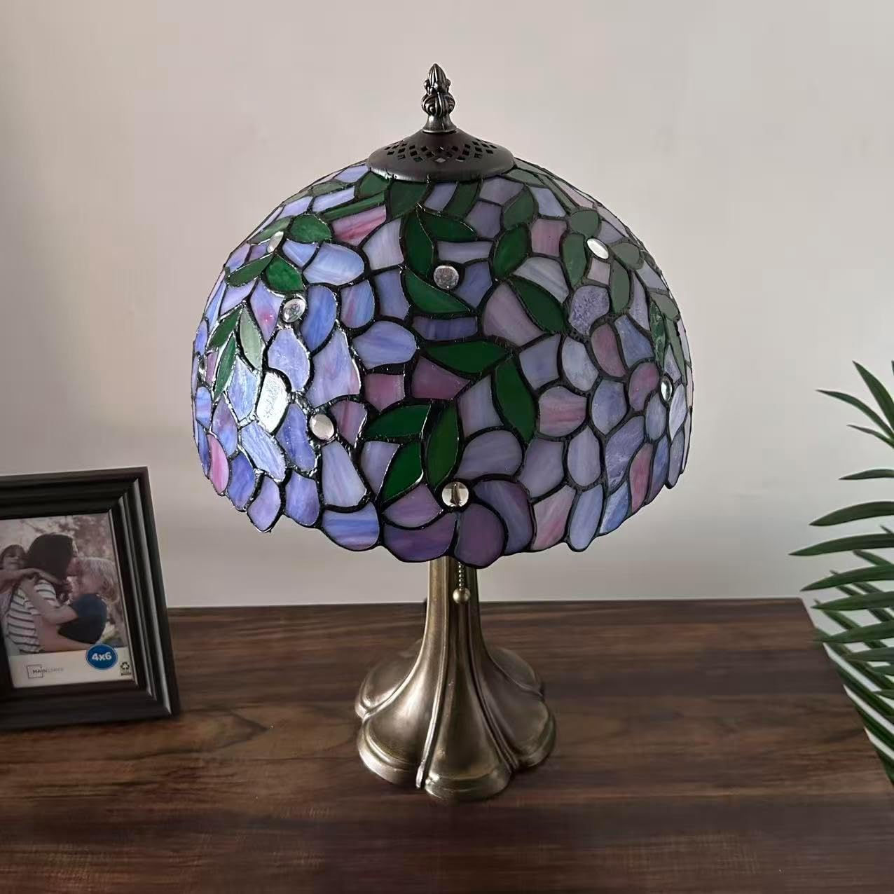 Tiffany Table Lamp Purple Stained Glass Green Leaves LED Bulb Included for Living Room Bedroom Bedside19 H*12" W*12" D*19" H