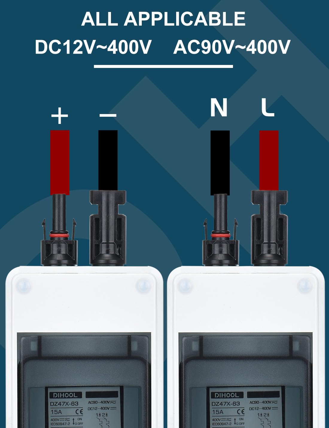 DC Trennschalter PV Anlage Leitungsschutzschalter Sicherungsautomat 2 Polig 15A 12V (12V-400V) Mit Kabel Solarstecker IP65 Wasserdicht Gehäuse