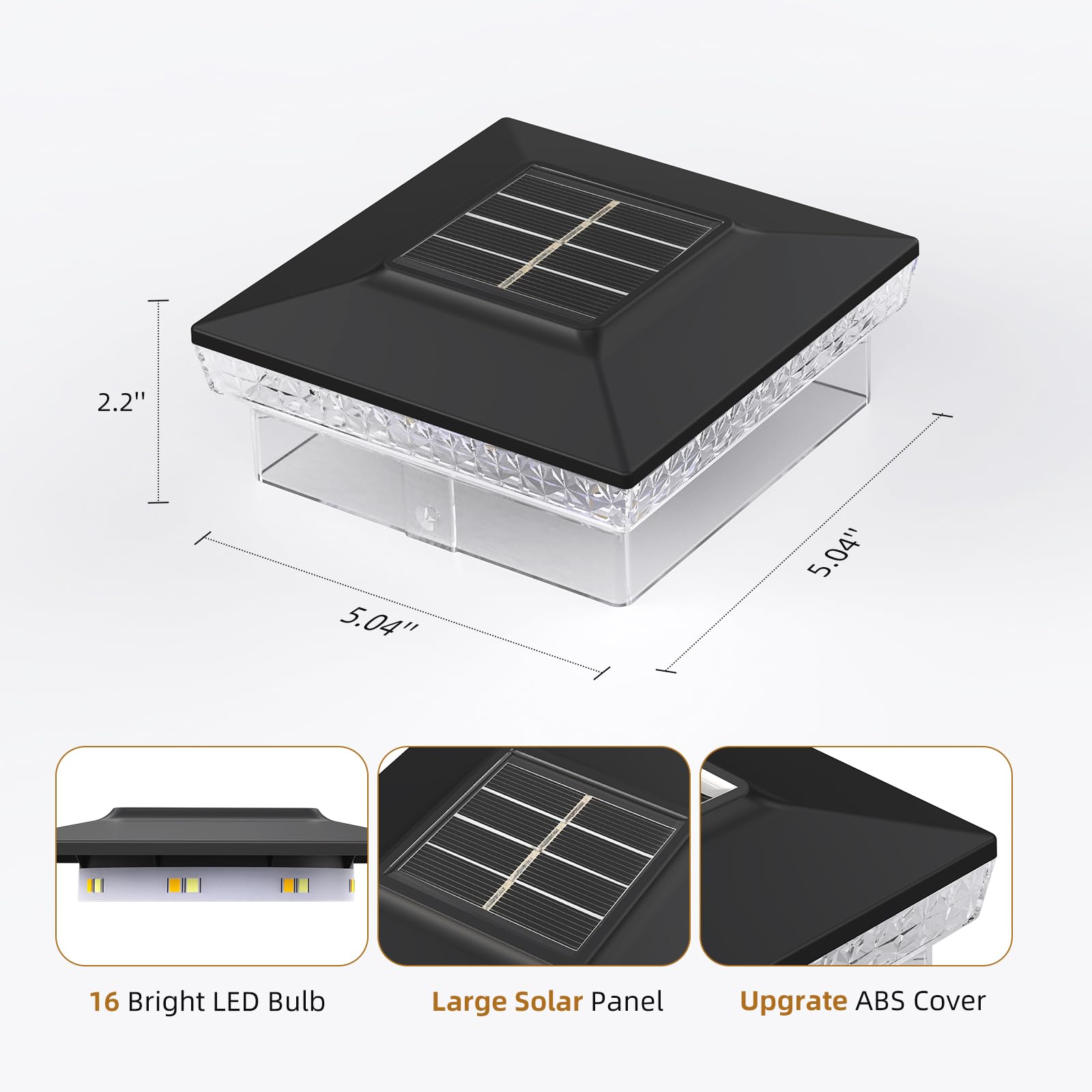Solar-Pfostenkappenleuchte, 4 x 4, 5 x 5 Zaunpfosten, Solarleuchte für Holz/Vinyl, IP64 und 2 Farbmodi zum Dekorieren von Deck, Terrasse, Veranda (Schwarz, 12 Stück)