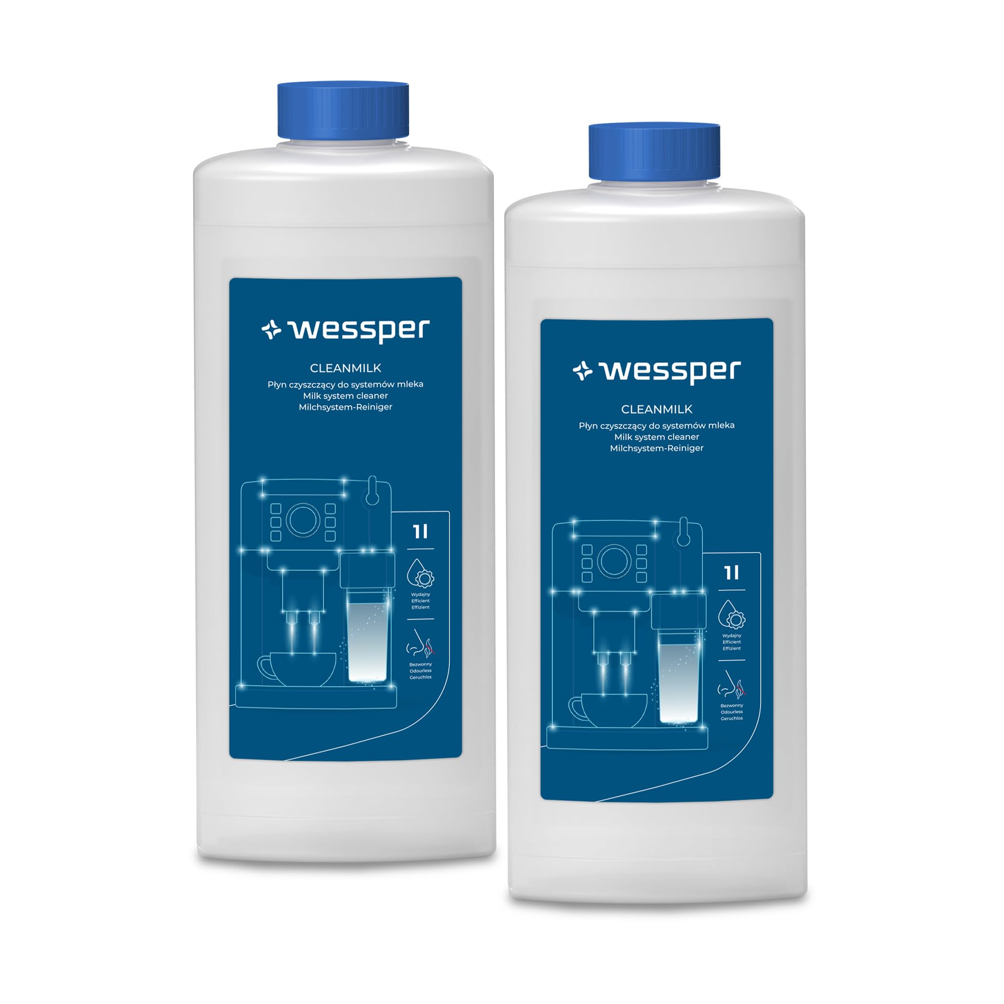 Wessper Universalny Środek Czystości do Systemów Mlecznych dla Ekspresów do Kawy i Spieniaczów do Mleka [2x1L] – Środek do Czystości Spieniaczy Mleka – Skuteczne Czyszczenie