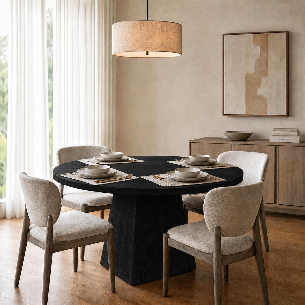 GarveeHome Table à Manger Ronde 47" pour 4-6 pers, Plateau épais 1,18", Base carrée Stable, Style Moderne Farmhouse, idéale Petits espaces - Noir gaufré