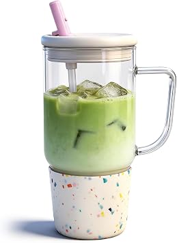 ANOTION 40oz Glass Tumbler with Handle & Straw, Thick Borosilicate Glass Cup with Silicone Sleeve, Leakproof Lid, Fits Car Cup Holder - for Iced Coffee, Water, Cold Drinks