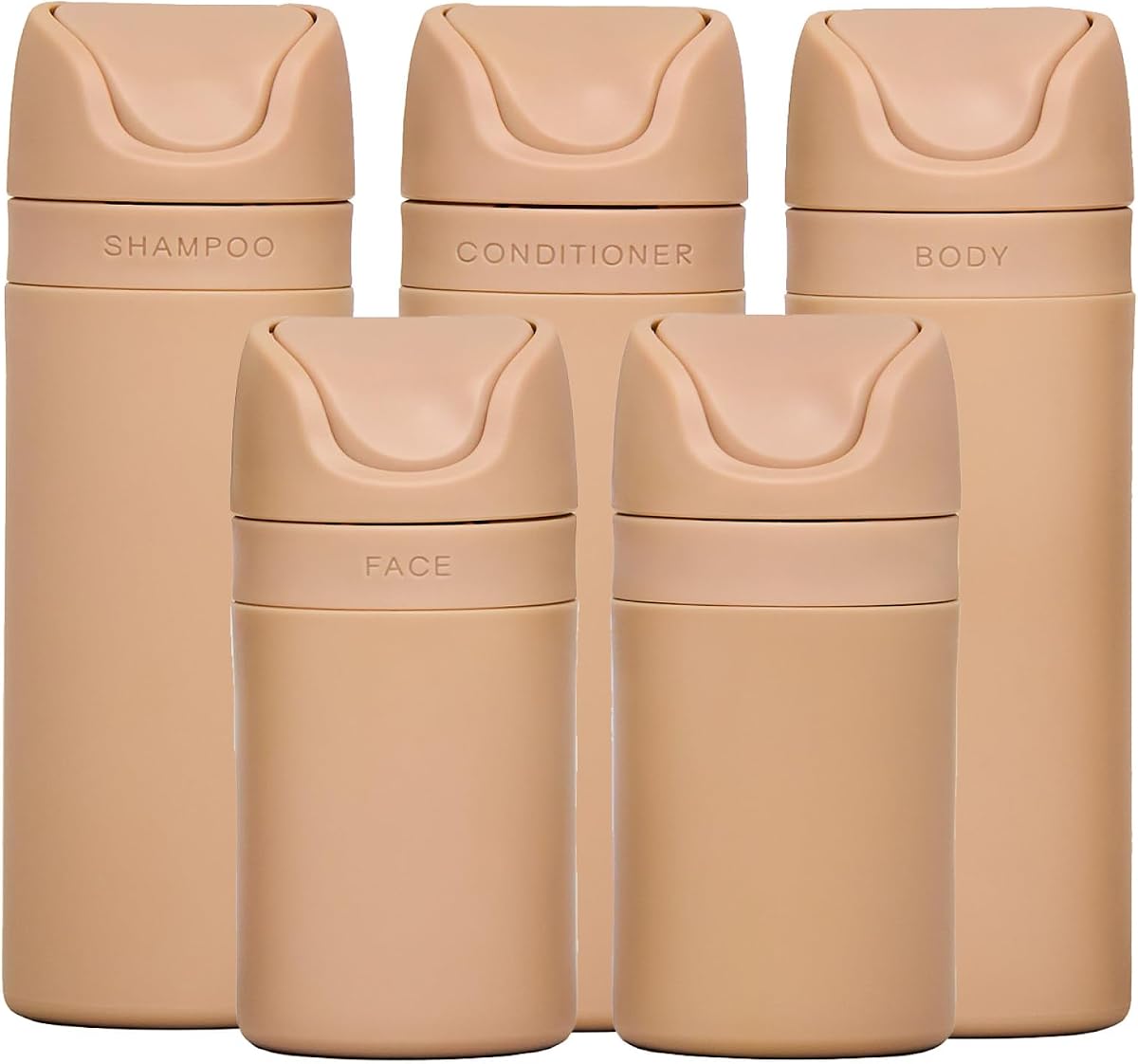 Botellas de viaje RIES para artículos de tocador | Contenedores de tamaño de viaje | Paquete de 5 | Botellas de viaje Tsa | Champú y acondicionador a prueba de fugas con bomba sin aire | Plástico reciclado sin BPA y apto para lavavajillas.
