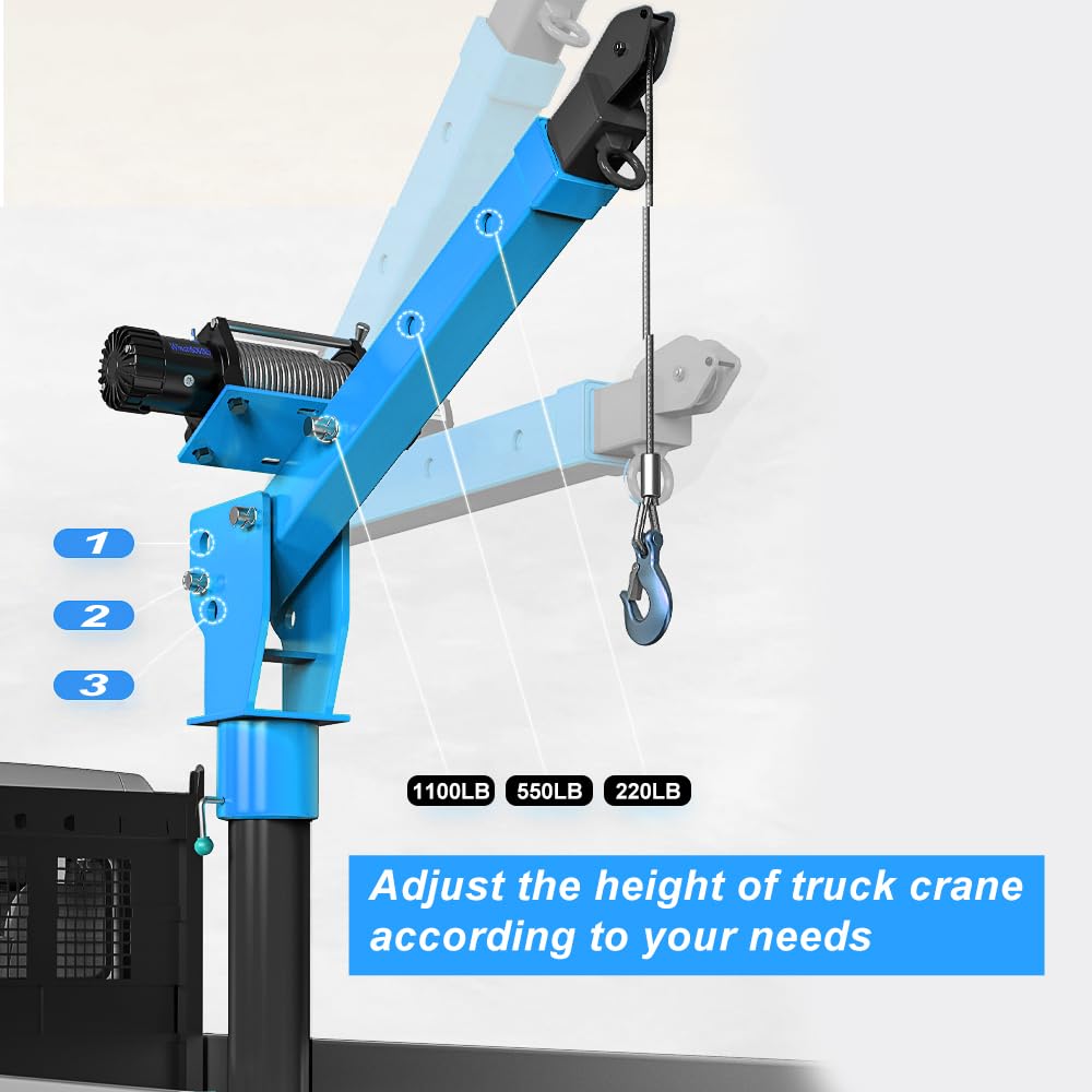 Pismire Gru a braccio pieghevole da 500 kg con verricello elettrico da 1590 kg, 12 V - Rotazione a 360°, telecomando doppio (a infrarossi + cablato), in acciaio verniciato per pickup, blu