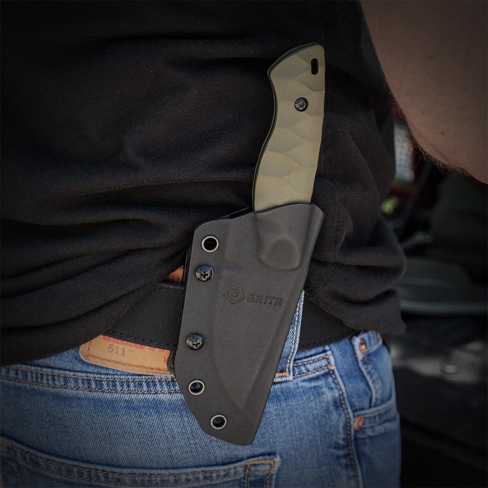 GRITR Scout Fixed Drop Point Blade Full Tang Knife with Ambidextrous Kydex Belt Sheath for Outdoor Camping, Hiking, Hunting, Fishing, Survival | EDC Tactical Gear for Men & Women