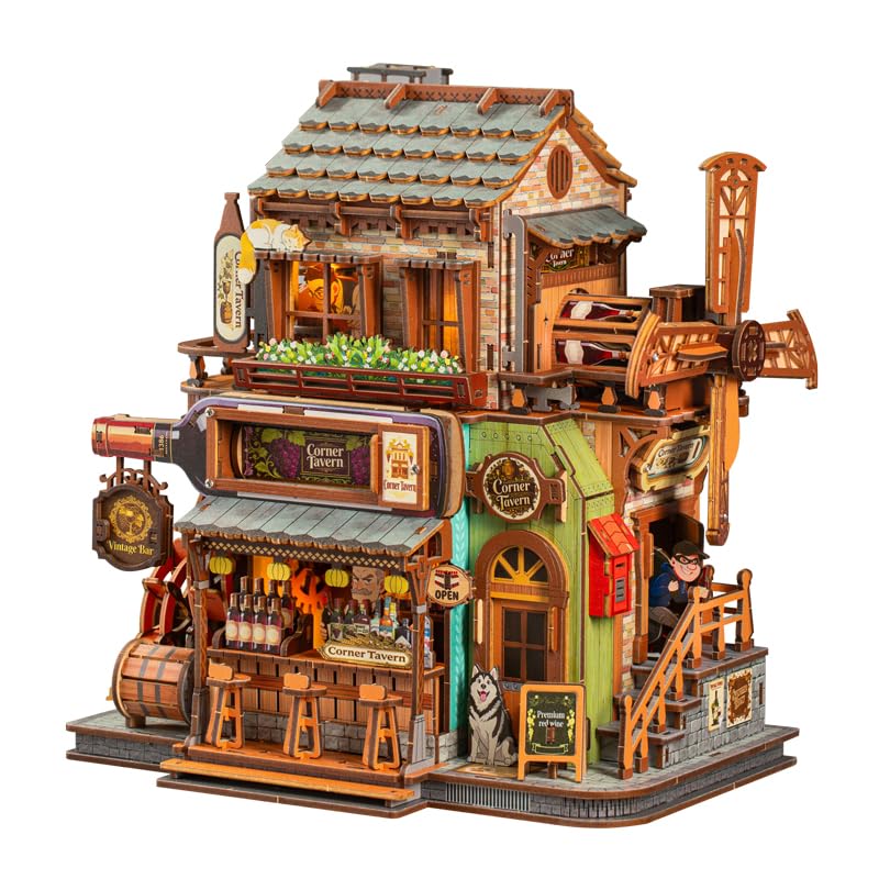 Spilay 3D Puzzle,Corner Tavern Holzmodell Mechanisches Holzmodell | Mit LED, Bewegliches Zahnrad-System, Rotierendes Wasserrad, DIY Holz Modellbausatz, Kreative Schreibtisch- & Regal Deko