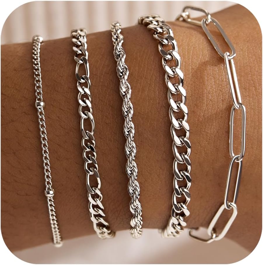 gold bracelets for women, trendy ladies dainty bracelet set with beads, cuban, paper clip, heart, snake, rope, pearl, cross, hand chain, silver jewelry gift, women christmas