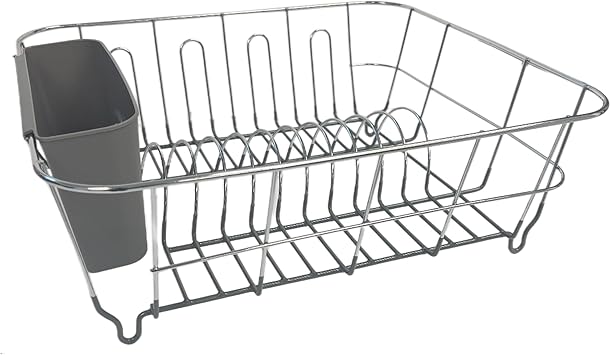 Dish Drying Rack & Cutlery Holder 2 Piece Set Compact Sink-Fitting Dish Drainer with Rubberized Undercoating Space-Saving Kitchen Organizer for Plates, Cups, Bowls & Utensils In Sink, Dark Gray
