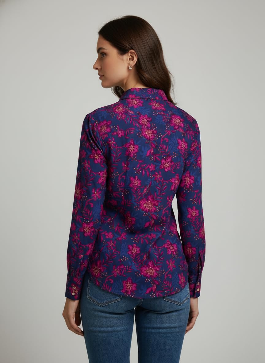 ANNI Designer Bedrucktes Damenhemd aus Baumwollmischgewebe, langärmelig, normale Passform, Hemdkragen, legere Bürokleidung, elegante Western-Kleidung für den Alltag, Hochzeit, Party